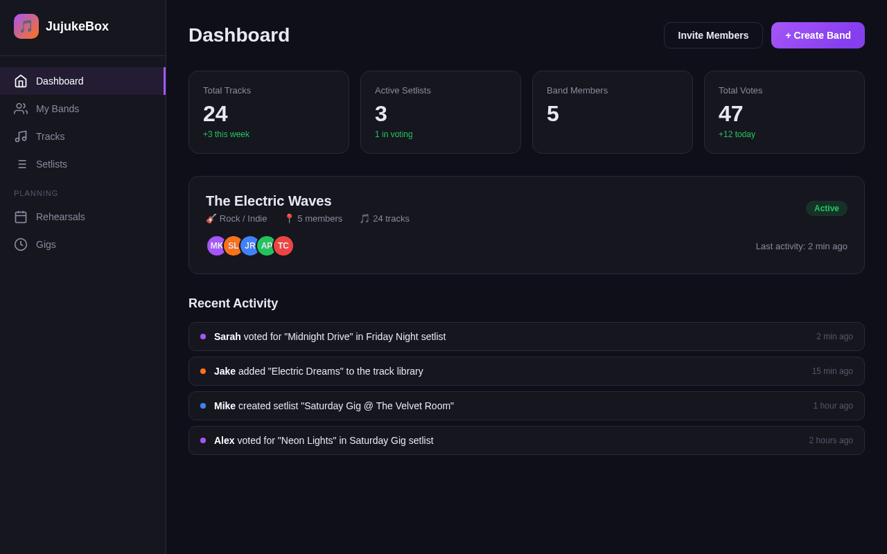 JuJukebox dashboard — manage your band, tracks, and setlists